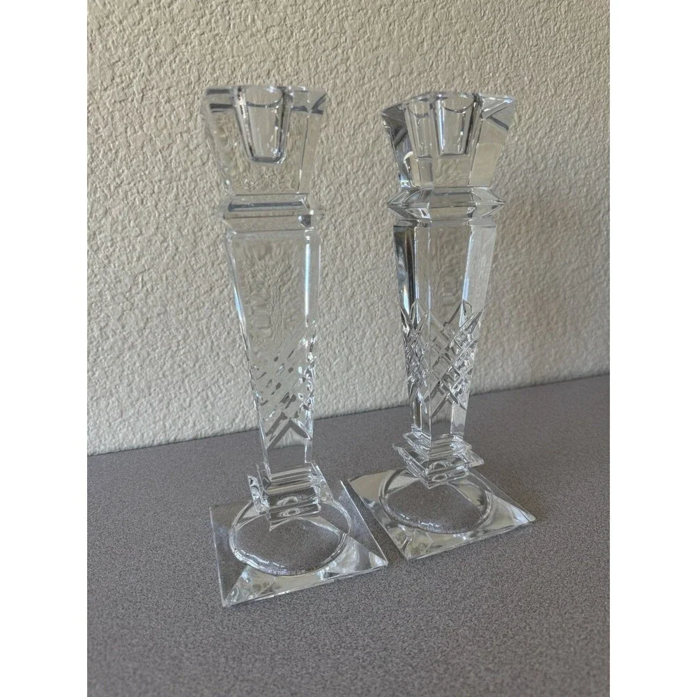 Pair Clear Cut Crystal Glass Candlestick Holders 10” Tall Geometric Square Base